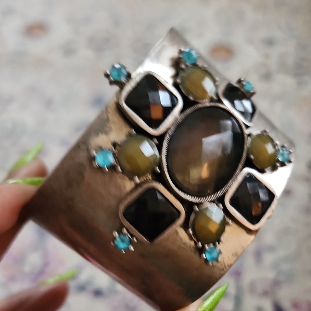 Artisan Silver Tone Multi Stone Cuff Bracelet Black Olive Turquoise - Picture 6 of 8